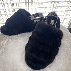 UGG Black Fluff Slippers Size 9